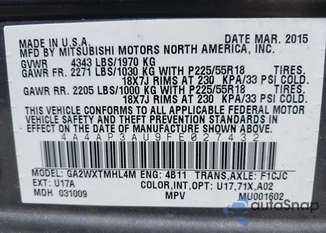 2015 Mitsubishi Outlander Sport Es from USA, damaged, VIN 4A4AP3AU9FE027432
